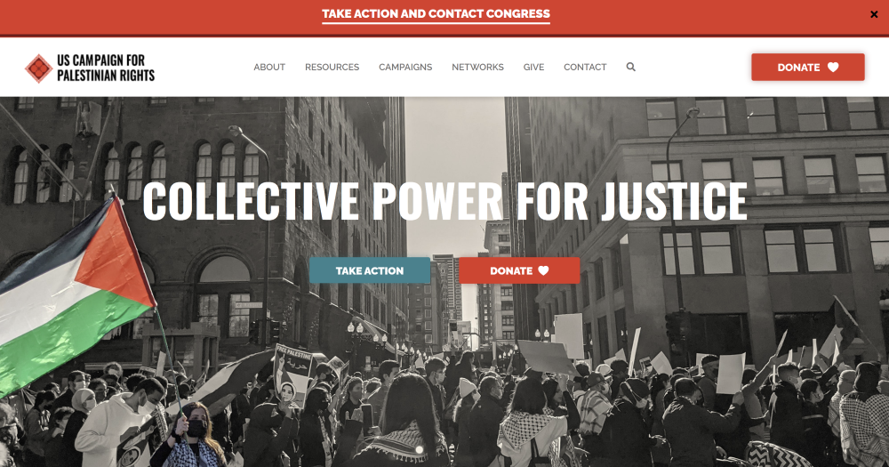 USCPR website home page with a grayscale protest photo of a march down the street